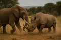 An African elephant and a white rhinoceros face off in a dusty savanna Royalty Free Stock Photo