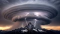 Dramatic Supercell Thunderstorm Over Snowy Mountains with Lightning Strikes and Lenticular Cloud Formation Royalty Free Stock Photo