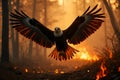 Majestic Eagle Soars Through Fiery Forest Amidst Wildfire Blaze Royalty Free Stock Photo