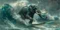powerful elephant rides a surfboard through a massive wave during a raging storm Royalty Free Stock Photo