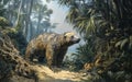 A powerful eremotherium, an enormous extinct ground sloth, moves cautiously through a dense, verdant jungle teeming with lush Royalty Free Stock Photo