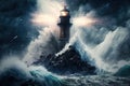 Stormy night in the sea with a lighthouse Royalty Free Stock Photo