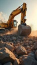 Powerful excavator breaks through rocks and debris. Construction machinery works dynamically on a construction site, during Royalty Free Stock Photo