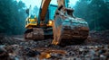 Powerful excavator at misty construction site for industrial development Royalty Free Stock Photo