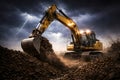 Powerful Excavator Operating In Extreme Storm Conditions On Construction Site Royalty Free Stock Photo