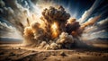 A powerful explosion of dust and debris erupts in a desolate landscape, creating a dramatic spectacle under a dramatic sky. Royalty Free Stock Photo