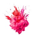 Powerful explosion of pink holi powder on transparent background. Saturate pink smoke paint explosion, fume powder