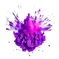 Powerful explosion of purple holi powder on transparent background. Saturate violet smoke paint explosion, fume powder