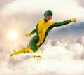 Costumed female superhero flying through cloudy sky