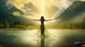 Powerful female spirit of nature standing in the lake, greeting the sun. Beautiful woman in long green dress. Generative AI