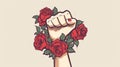 Powerful Femininity Symbol with Roses and Female Fist. International Women's Day