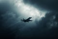 A powerful fighter jet flies through a cloudy sky, exhibiting speed and precision, A fighter aircraft flying through a stormy sky Royalty Free Stock Photo