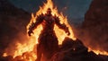 A powerful fire lord with a blazing aura rising from the molten rock, with a menacing look