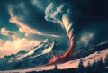 Powerful fire tornado in the snowy mountains. Generative AI