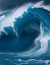 Powerful foamy sea waves rolling and splashing over water surface against cloudy blue sky. The waves are a daunting deep blue, Royalty Free Stock Photo