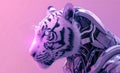 powerful futuristic AI robot with head of tiger-albino,in pink neon light,symbolizing strength,intelligence,blending power of