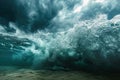 A powerful, gargantuan wave crashes down in the vast ocean beneath a sky filled with ominous clouds, Underwater view of a tempest