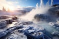 A powerful geyser releasing a forceful stream of water, shooting it high into the sky, Steaming geysers surrounded by fluffy snow
