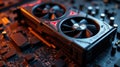 Powerful graphics card with three fans cooling system lying on desk Royalty Free Stock Photo