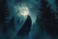 A powerful gray wolf stands tall in front of a full moon, showcasing its strength and connection with the wilderness, Werewolf Royalty Free Stock Photo