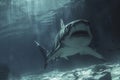 A powerful great white shark gracefully swims through the deep waters of the ocean, An underwater scene of a shark hunting its