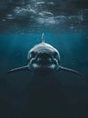 Powerful Great White Shark Lurking Underwater in the Deep Blue Ocean,Jaws Opened Wide Revealing Sharp Teeth,Apex Predato