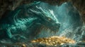 Powerful Green Wooden Dragon guarding a hidden Treasure in a mysterious cave. AI Generated