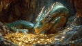 Powerful Green Wooden Dragon guarding a hidden Treasure in a mysterious cave. AI Generated