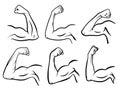 Powerful hand muscle. Strong arm muscles, hard biceps and hands strength outline vector illustration set Royalty Free Stock Photo