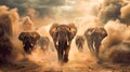 Powerful herd of elephants charging through a dusty and dramatic desert landscape with stormy clouds in the background creating a Royalty Free Stock Photo