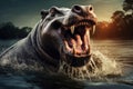 A powerful hippopotamus in its natural habitat, with its jaws agape, showcasing its dominance in the water, A hippopotamus Royalty Free Stock Photo