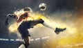 Powerful hit ball with fire trail effect of soccer player at football game, strong soccer ball kicking Royalty Free Stock Photo