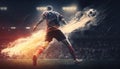 Powerful hit ball with fire trail effect of soccer player at football game, strong soccer ball kicking Royalty Free Stock Photo