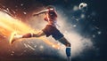 Powerful hit ball with fire trail effect of soccer player at football game, strong soccer ball kicking Royalty Free Stock Photo