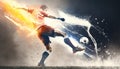 Powerful hit ball with fire trail effect of soccer player at football game, strong soccer ball kicking Royalty Free Stock Photo