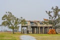 Powerful Hurricane Laura, removed the roof and destroyed this house at Cameron in Cameron Parish, Louisiana