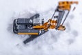 Powerful hydraulic drilling rig for the installation of bored piles in the winter in the snow at the construction site. Drilling