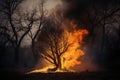 A powerful image of a burning tree against a backdrop of vivid reds and oranges