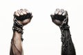 Close up of black man hands with chained hands isolated on white background Ai generative Royalty Free Stock Photo