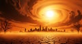 Drought ravaged land beneath a fiery sun vortex Royalty Free Stock Photo