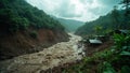 A raging river after heavy rainfall flooding through a mountainous landscape Royalty Free Stock Photo