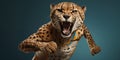 Powerful image capturing the fierce expression of a snarling cheetah portrayed against a teal background