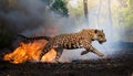 Fearless Jaguar Dashing Through a Blazing Amazon Rainforest as the Inferno Rages, Showcasing the Power of Natures Fury and Royalty Free Stock Photo
