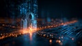 This powerful image depicts a cyber attack attempt on quantum-secured financial transactions, where a glowing digital firewall