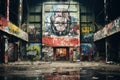 A powerful image featuring an empty room in an urban environment, with graffiti-adorned walls and an air of desolation that