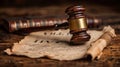 Legal Document: Last Will and Testament with Gavel and Old Scroll in Dark Background Royalty Free Stock Photo