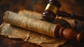 Legal Document: Last Will and Testament with Gavel and Old Scroll in Dark Background