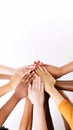 A powerful image of unity with diverse hands joined together over a green natural background. Team work together concept