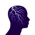Powerful intelligence with an electric lightning bolt strike in the shape of a human head. Brain function neurology health care Royalty Free Stock Photo