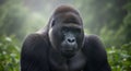 Close-up portrait of a majestic silverback gorilla in a lush green forest, looking directly at the camera. Royalty Free Stock Photo